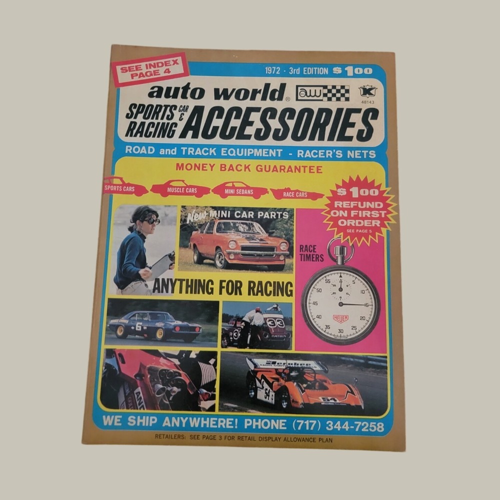 Auto World Sports Car Racing Accessories Catalog 1972 3rd Edition Vintage Tan